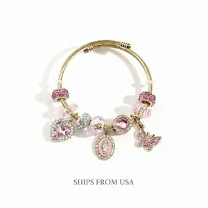 Pink Heart Butterfly Virgin Mary Bracelet - Elegant Design with Butterfly Motif & Heart Accents, Perfect for Birthdays, Bangle for Women