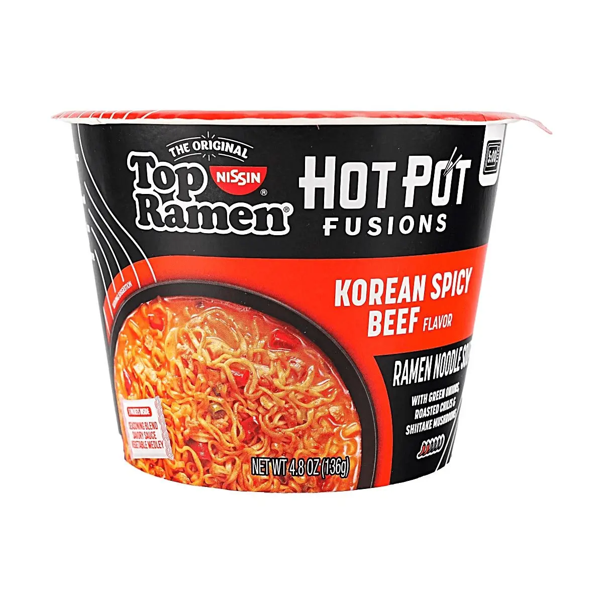 NISSIN Top Ramen Hot Pot Fusions Korean Spicy Beef Flavor - Large Bowl Microwave Instant Noodles (136g)