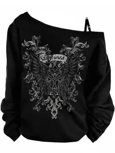 Gothic Vintage Y2K Style Women's T-Shirt, Asymmetrical Shoulder Design, Loose Fit, Summer Knit Top, Back Wing Print, Dark Luxurious Look