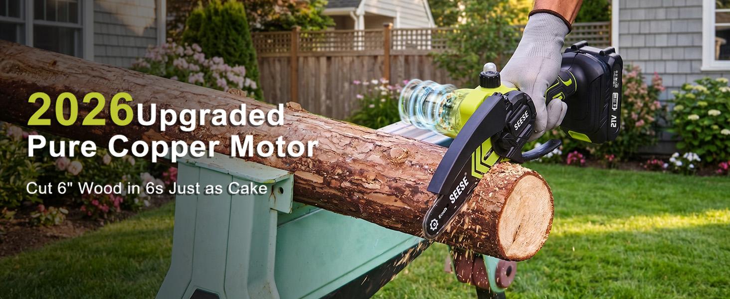【FathersDayGift】SEESE 6-Inch Brushless Mini Chainsaw with Automatic Oiling System, Portable Cordless Electric Chain Saw for Wood Cutting, Pruning, Gardening & Camping, 2000mAh Battery Included, Suitable for Seniors & Women