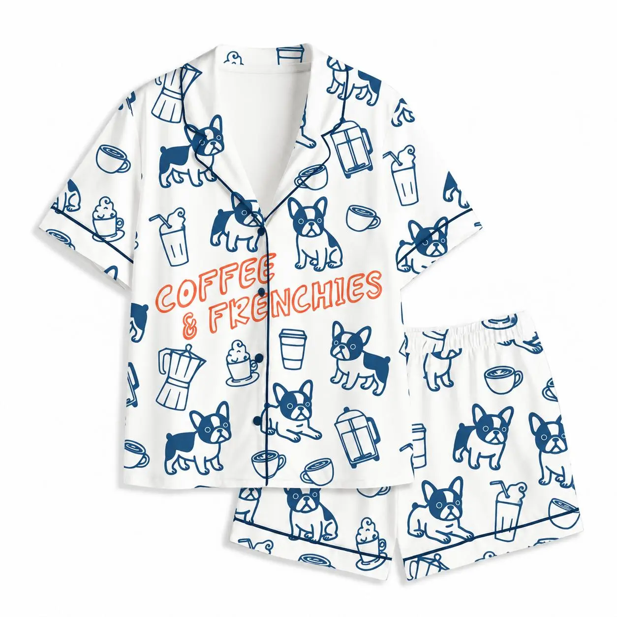 Women's Coffee & French Bulldog Short Sleeve Silky Satin Pajama Set