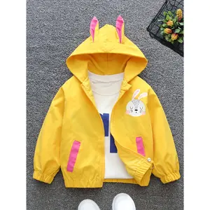 Girls' Yellow Bunny Print Hooded Jacket with Pink Bunny & Floral Accents - Lightweight Spring/Fall Coat, Zip-Up Front, Loose Fit Casual Outerwear for Everyday &, Spring Outerwear