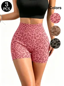 3pcs Women's Leopard Print High-Waist Abdomen-Control Sexy Shorts for Yoga and Daily Use, Athletic and Fashionable Ladies Shorts, Leopard Workout Shorts