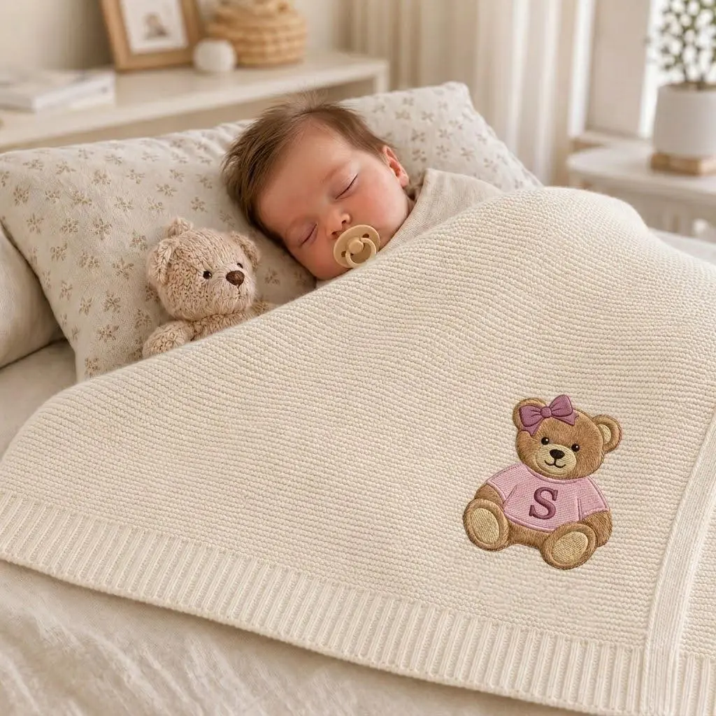 [Made-to-Order] Custom Teddy Bear Pink With Name Embroidered BB Cotton Blanket