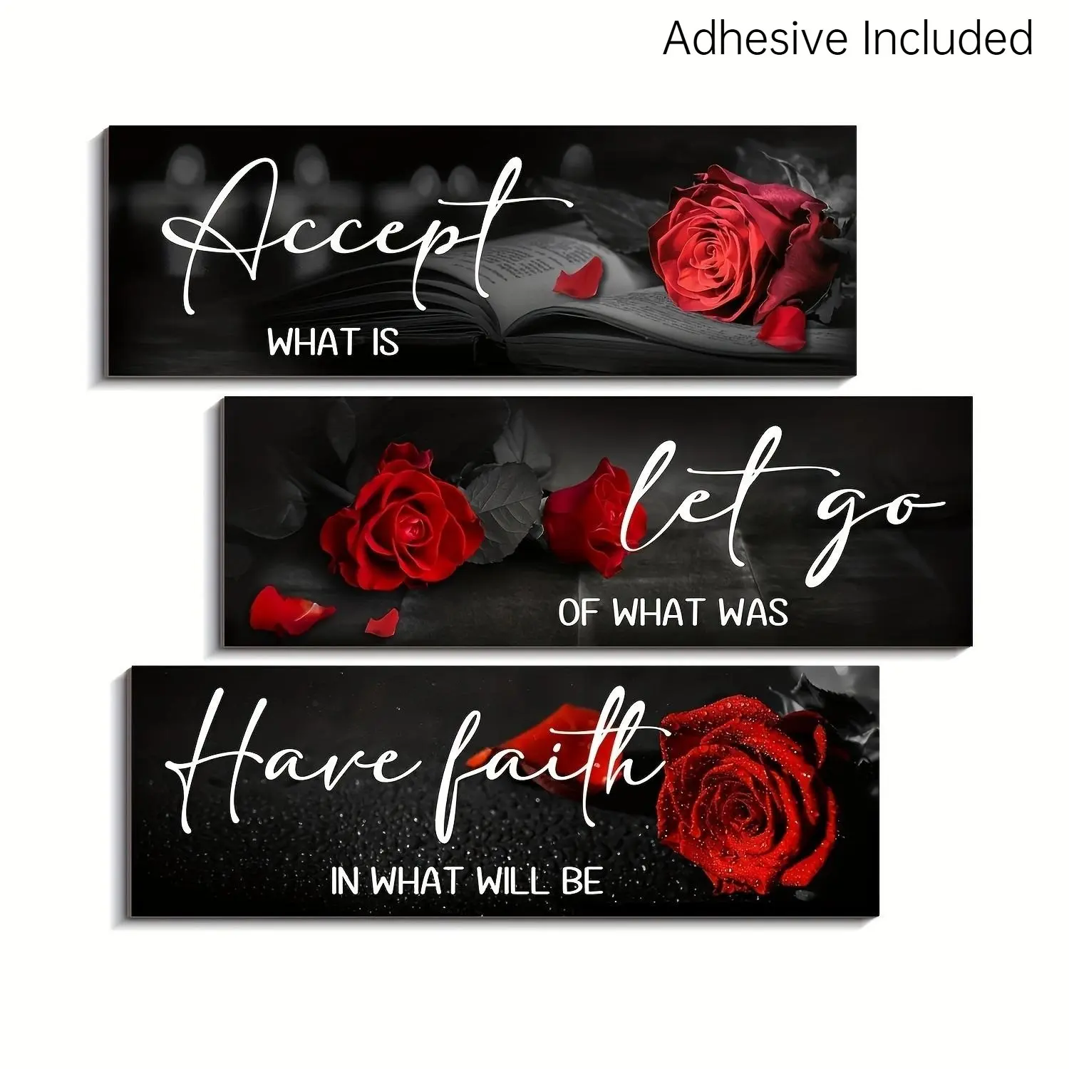 Red 3pcs Wooden Rose Wall Decor Set - Inspirational Quote 'Let Go, Trust' - Farmhouse Style Wall Art, Decorative Wall Art, Decoration Items, Motivational Wall Art for Bathroom, Living Room, Bedroom - Perfect Valentine’s Day Gift - Easy Installation