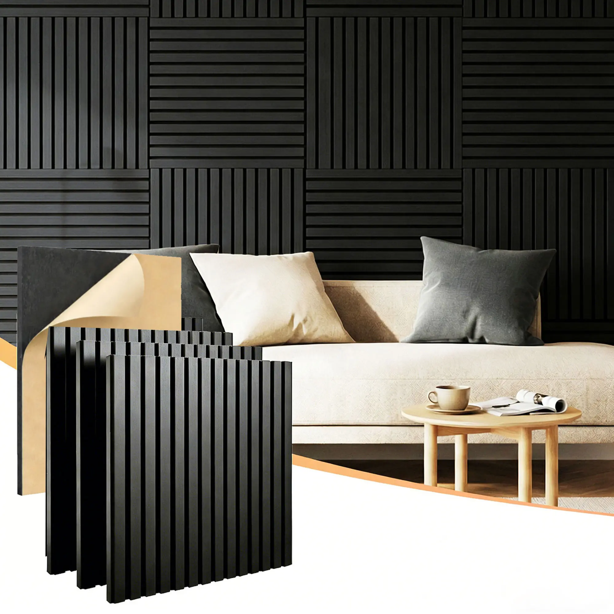 4-Pack Polyester Striped High-Density 3D Slat Acoustic Panels, 23.6"x23.6"x0.71" Self-Adhesive Noise Reduction Wallboard for Home Room Decor, Decoration, Acoustic Treatment & Interior Design