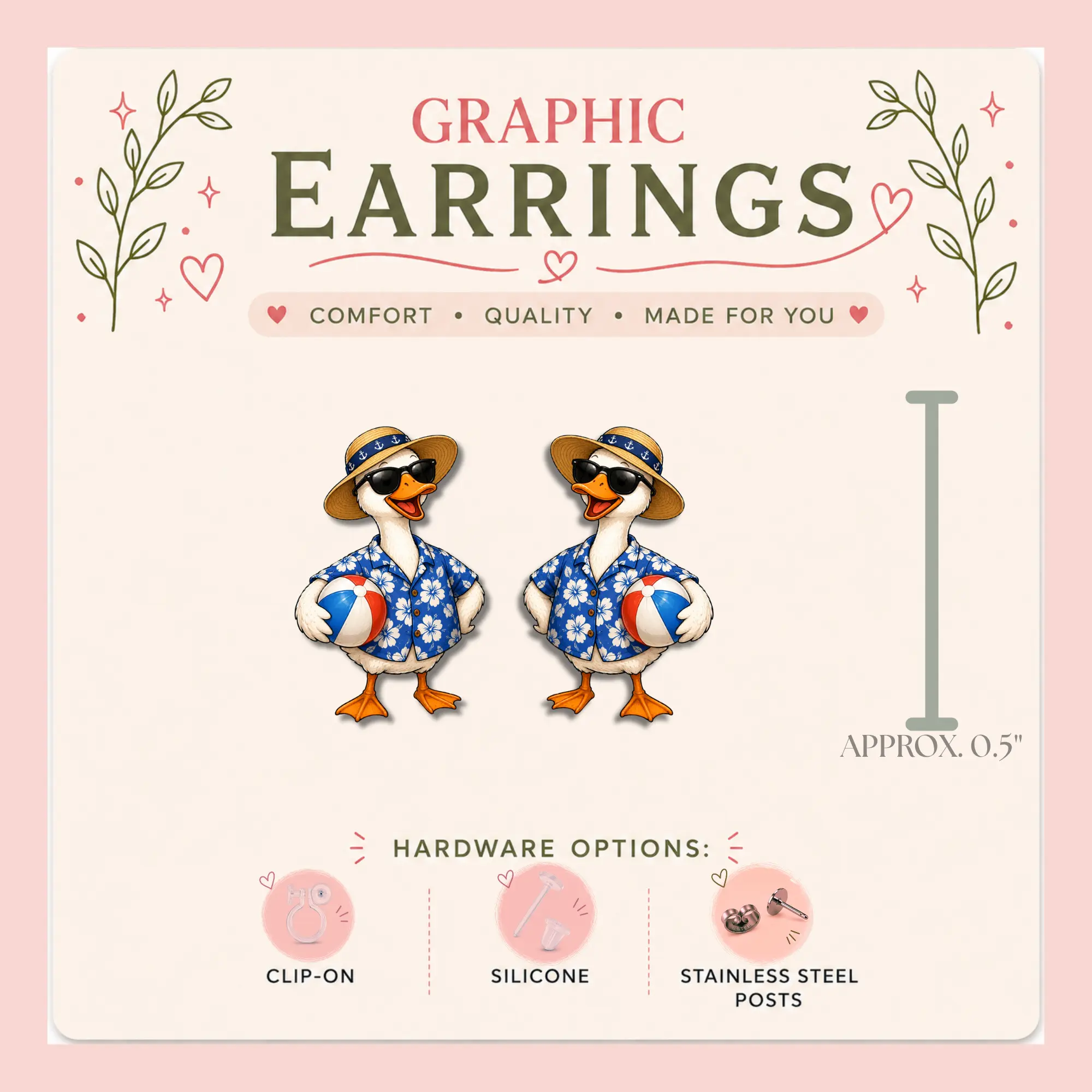 Beach Goose Stud Earrings, Summer Goose Earrings, Tropical Goose Jewelry, Vacation Goose Studs, Cute Animal Earrings, Handmade Graphic Earrings