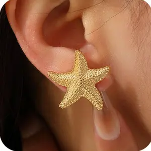 Tewiky Starfish Shell Stud Earrings for Women Gold Silver Chunky Seashell Drop Dangle Earring Beach Summer Themed Jewelry