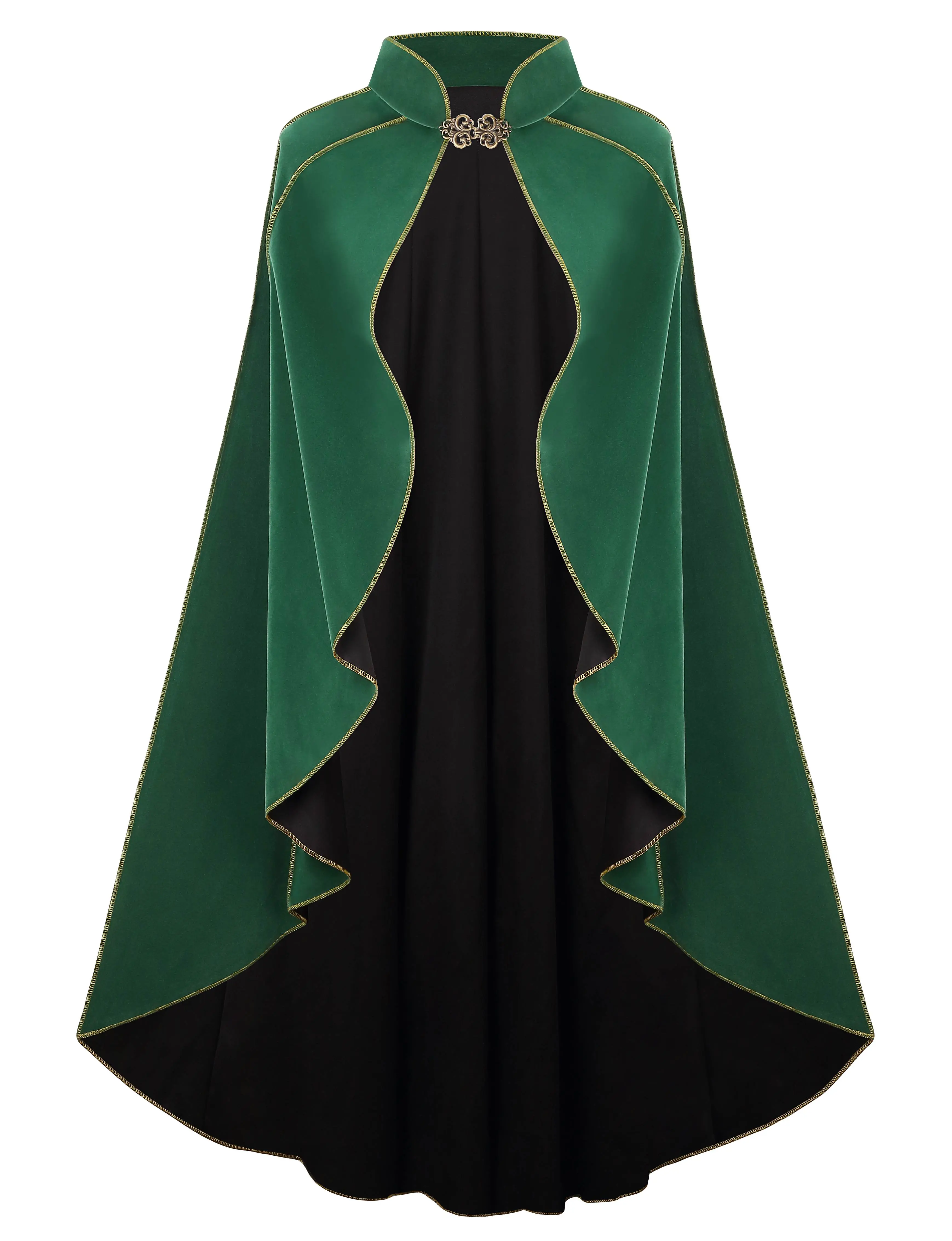 Women's Medieval Velvet Cloak Renaissance Cape Gold Trim Witch Wizard Costume Halloween Cosplay Hooded Cape