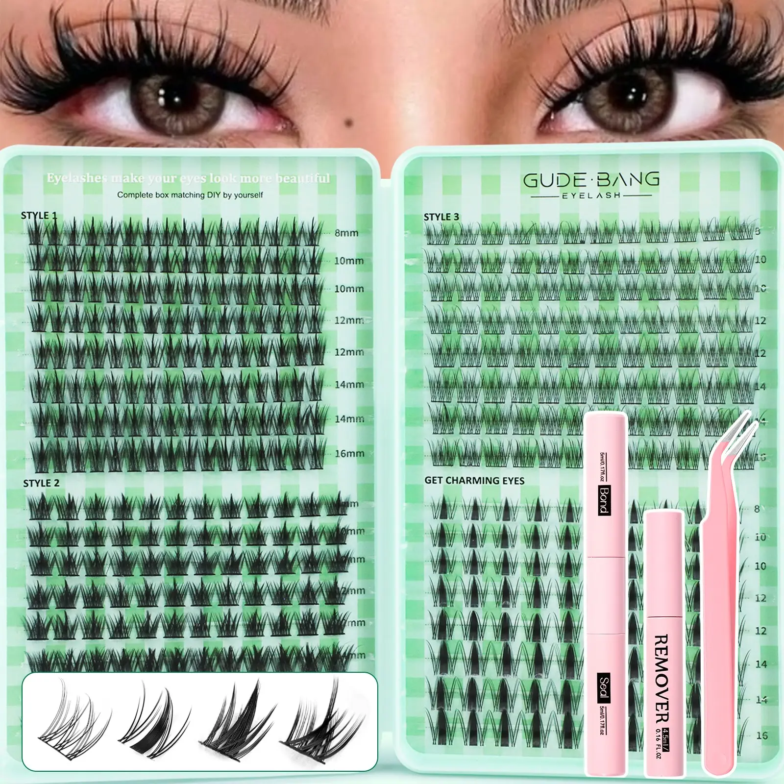 400-Piece Set, Makeup: Ultra-Capacity Segmented False Eyelash Kit, Eyelashes Makeup Set, Includes eyelash adhesive, tweezers, and adhesive remover. Features a mixed assortment of popular lash styles, perfect for beginners and essential