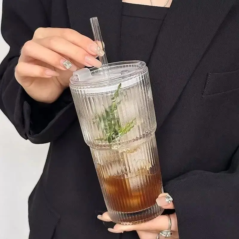 1pcs 600ml Covered Striped Reusable Glass Coffee Cup and Straw Transparent Cup, Used for Milk Juice Tea Cups, Iced Coffee Cups, and Beverage Glass Cups, Drinkware, Restaurant Grade Tumblers
