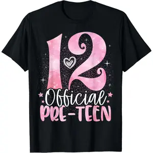 12 Official Pre-Teen 12th Birthday Girl 12 Year Old T-Shirt ,Made in USA