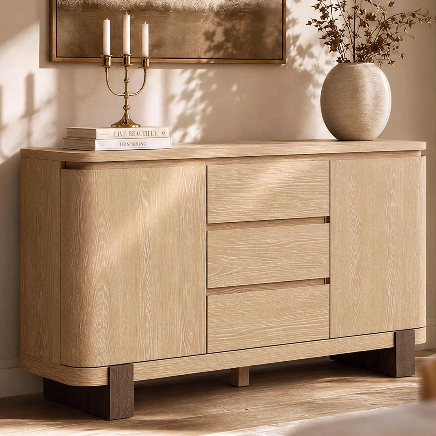 ModernMate 56-Inch Natural Oak Sideboard Buffet Cabinet, Storage Credenza with 3 Drawers, 2 Soft Close Hinges & Adjustable Shelves for Dining Room