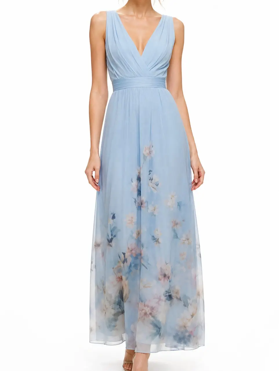 Women's Floral Print V Neck Sleeveless Maxi Dress, High Waist A Line Long Dress with Flowy Skirt, Elegant Wedding Guest Vacation Resort Party Evening Dress for Summer Travel and Formal Events