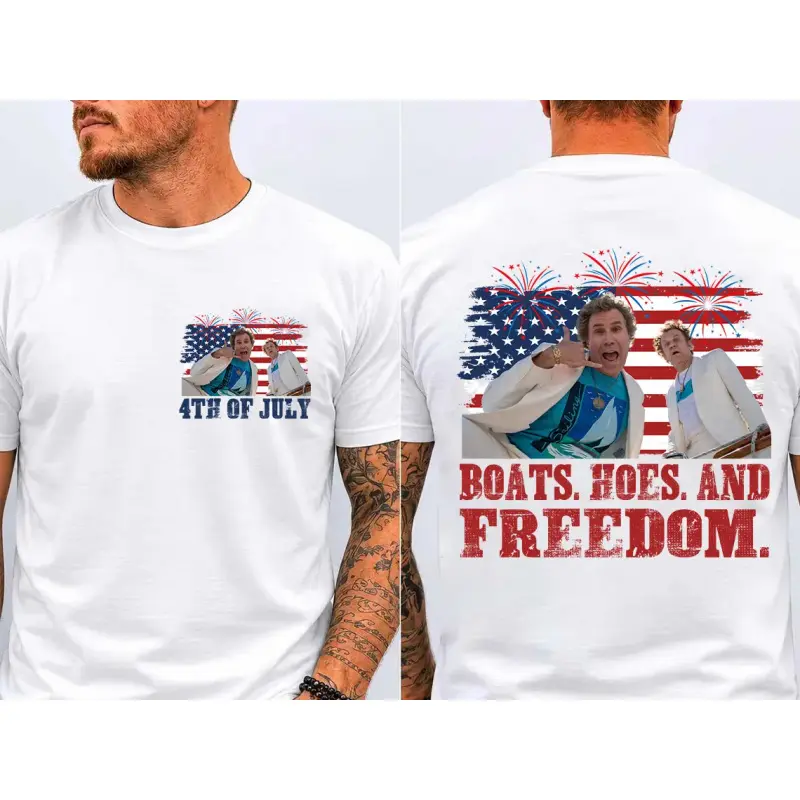 Men's Step Brothers Parody Funny Graphic T-Shirt - Meme-Ready Tee with Bold Meme Graphic, Boats Hoes Freedom Theme, 4th of July Casual Round Neck Multi-Size Top, Cold Water Wash