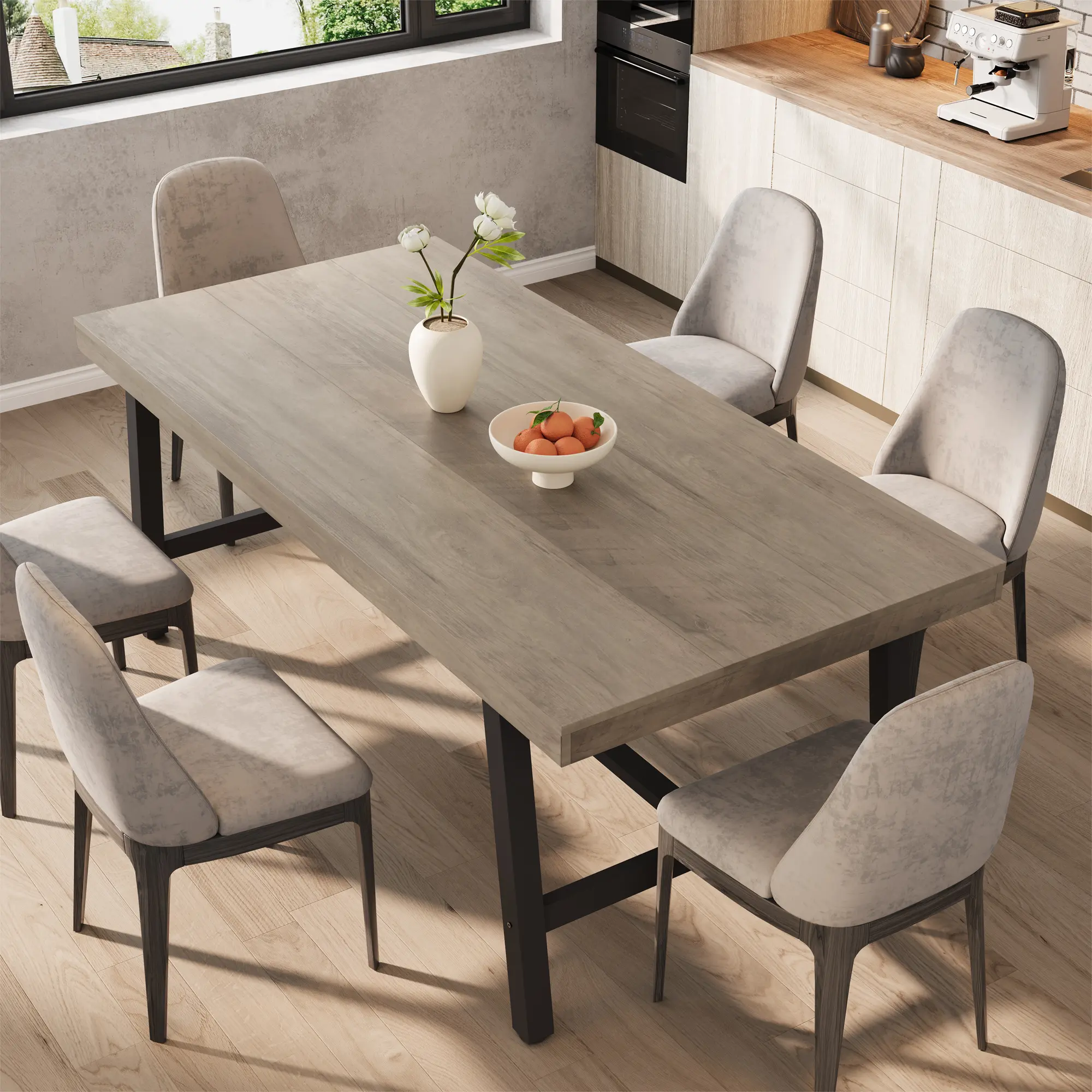 Industrial dining table suitable for 6-8-70.87 inch large rectangular kitchens and dining rooms - sturdy black metal frame - rural wooden countertop - modern furniture suitable for homes, living rooms, or terraces