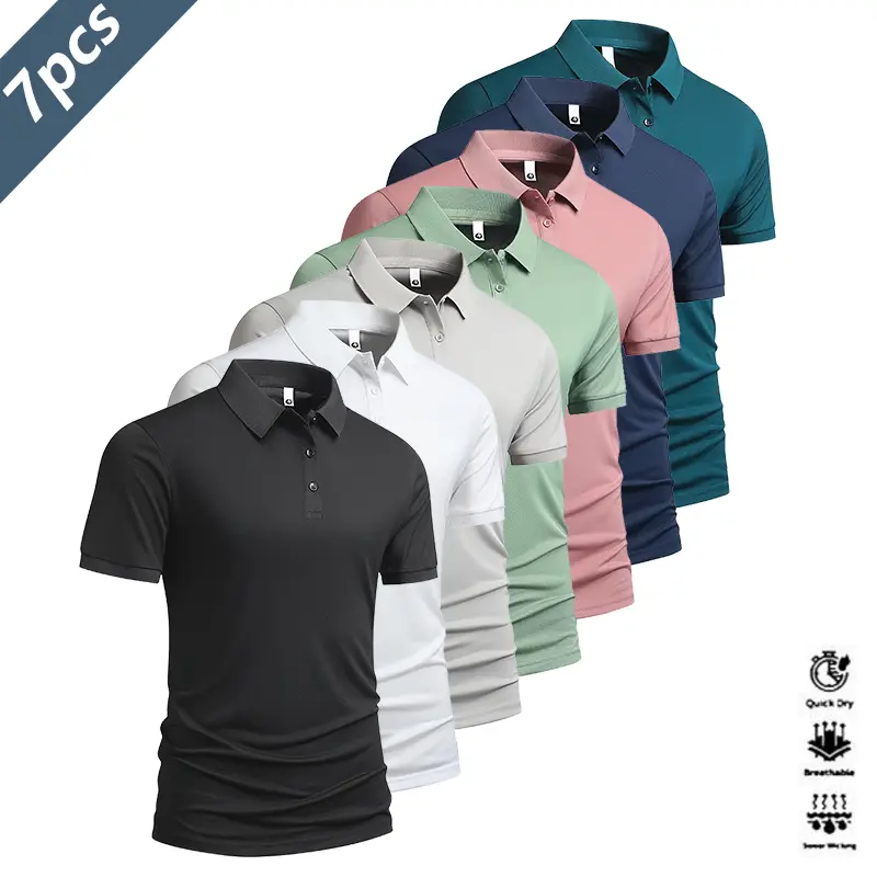 Pack of 7 Casual Men's Short Sleeve Heavyweight Polos, men's tops, quick dry golf and tennis shirts, comfortable equestrian wear, stylish men's athletic apparel, suitable for casual parties, vacations, and travel, available in various colors