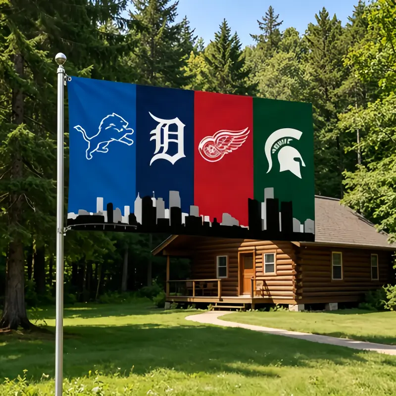3x5 Ft Detroit 4‑Team City Skyline Flag, Lions Tigers Red Wings  Spartans Michigan Sports Fan Polyester Flag, Heavy‑Duty Fade‑Resistant Flag for Man Cave, Yard, Game Day & Fan Decor