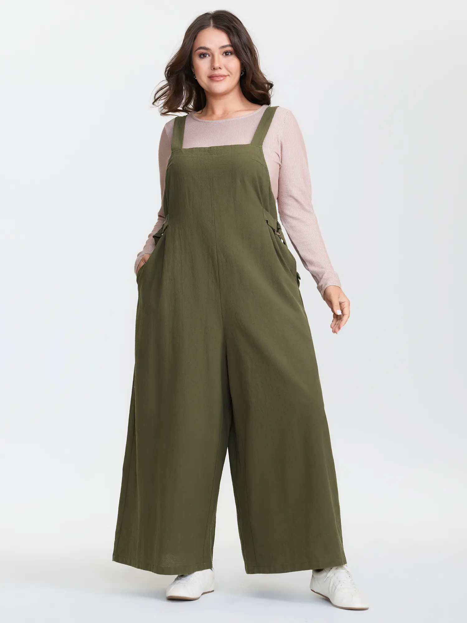 BLOOMCHIC Women's Plus Size Cotton Casual Overalls - Sleeveless Wide Leg Loose Fit Jumpsuit with Pockets, Smooth Simple Fabric Garment for Everyday Wear, Curvy Ladies Sizes M-6X Green Summer Swimweek Outfit, Breathable, Plus Size Clothes