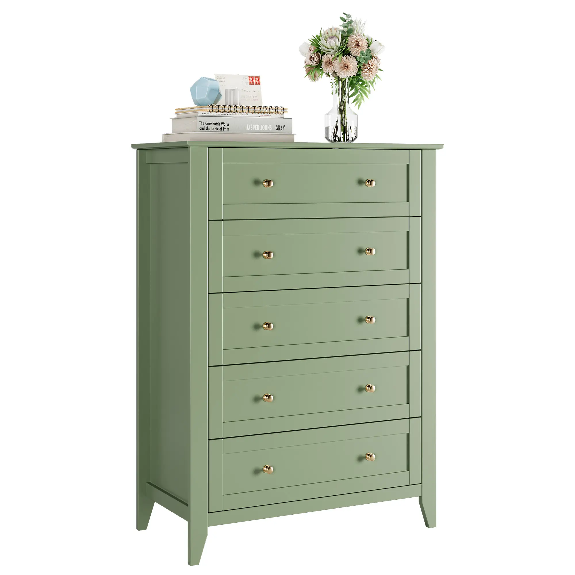 Modern tall chest of drawers with 5 drawers - Vertical wooden storage with metal handles - Deep drawers for bedroom, entryway or hallway