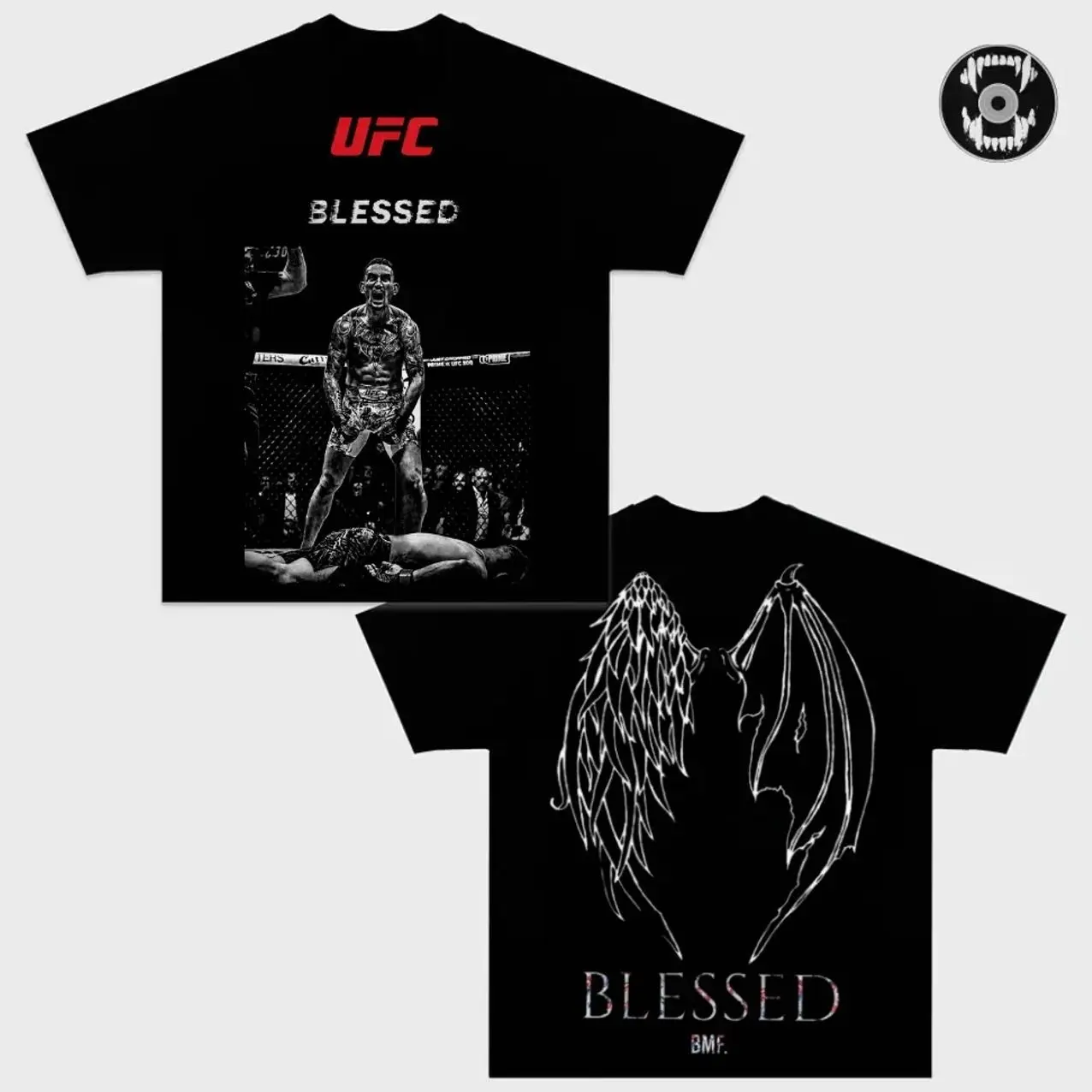 Max Holloway Blessed BMF Double Sided Graphic Tee, UFC Fighter T-Shirt, Angel Demon Wings Back Print Shirt, Vintage MMA Fight Night Fan Merch, Cotton Streetwear Top, Gift Tee for UFC Fans V3D