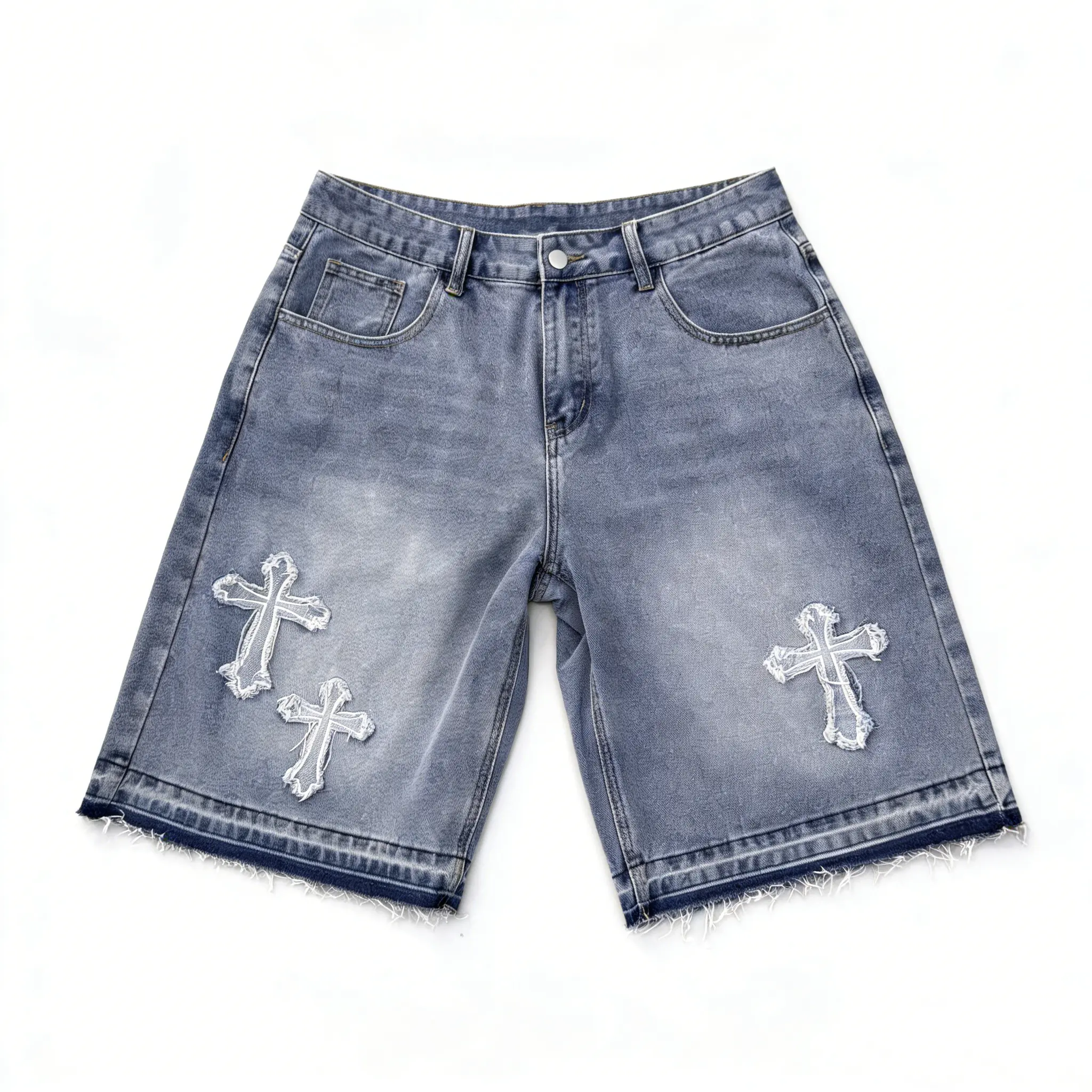 Sopula Studio Men's Vintage Hiphop Denim Shorts - Cross-Appliqué, Ripped, Straight-Leg, Swag Clothes with Pocket, Menswear Streetwear Blue Bottoms, Thick, Natural, Hem, Fabric, Retro, Vintage Clothing, Cross Appliqué Rhinestone, Fashion Apparel