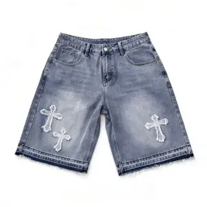 Sopula Studio Men's Vintage Hiphop Cross Appliqué Jorts Denim Shorts Streetwear