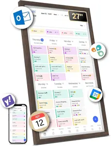 BSIMB 27 Inch Digital Calendar Chore Chart, Electronic Calendar Smart Family Planner 1080P FHD Touchscreen Interactive Display Wall & Desk Mount Seamless Scheduling Dark Wood