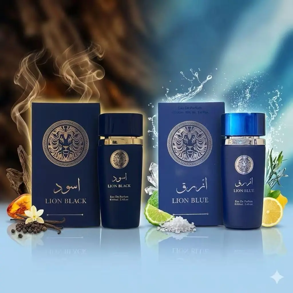 Men's Lion Black & Lion Blue Eau De Parfum 2-Bottle Set, 100ml/3.4fl.oz Spray-On Fragrance, Deep Blend of Smoky Woods, Rich Spices & Citrus, Ideal for Stylish, Strong Modern Men, Spray-On Men's Fragrance