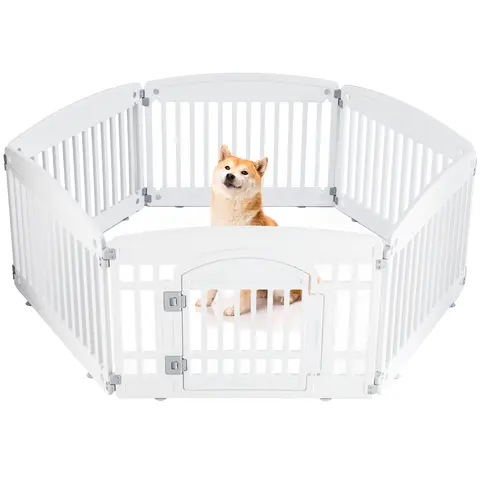 White Foldable Pet Playpen for Indoor & Outdoor Use | 6 Panels with Door | Dense Bite-Resistant Non-Toxic Plastic（Anti-jump top cover sold separately） | Safe Play Area for Small to Medium Dogs & Cats