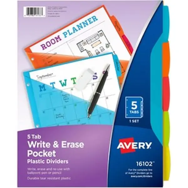 Avery Plastic Tear-Resistant Mini Binder Accessories, Vibrant 5-Tab Set Write-On Dividers with Diagonal Pockets for Document Storage, Assorted Colors, Durable