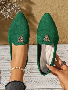 Women's Black Suede Pointed Toe Flat Shoes with Gold Leopard Head Metal Buckle, Vintage Commute-Chic Style, Slip-On, Perfect for Daily & Office Outfits, Footwear.#Vintage Commute Shoes, #Black Suede Flats, #Office Chic Shoes