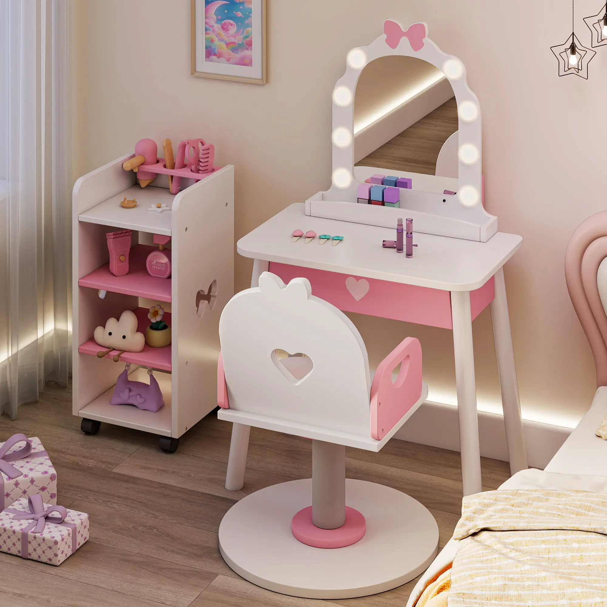 Kids Vanity with Lights, Kids Vanity Set with Barber Chair and Storage Cabinet, Makeup Dressing up Salon Play Set 7 Pcs, White