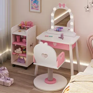 Kids Vanity with Lights, Kids Vanity Set with Barber Chair and Storage Cabinet, Makeup Dressing up Salon Play Set 7 Pcs, White