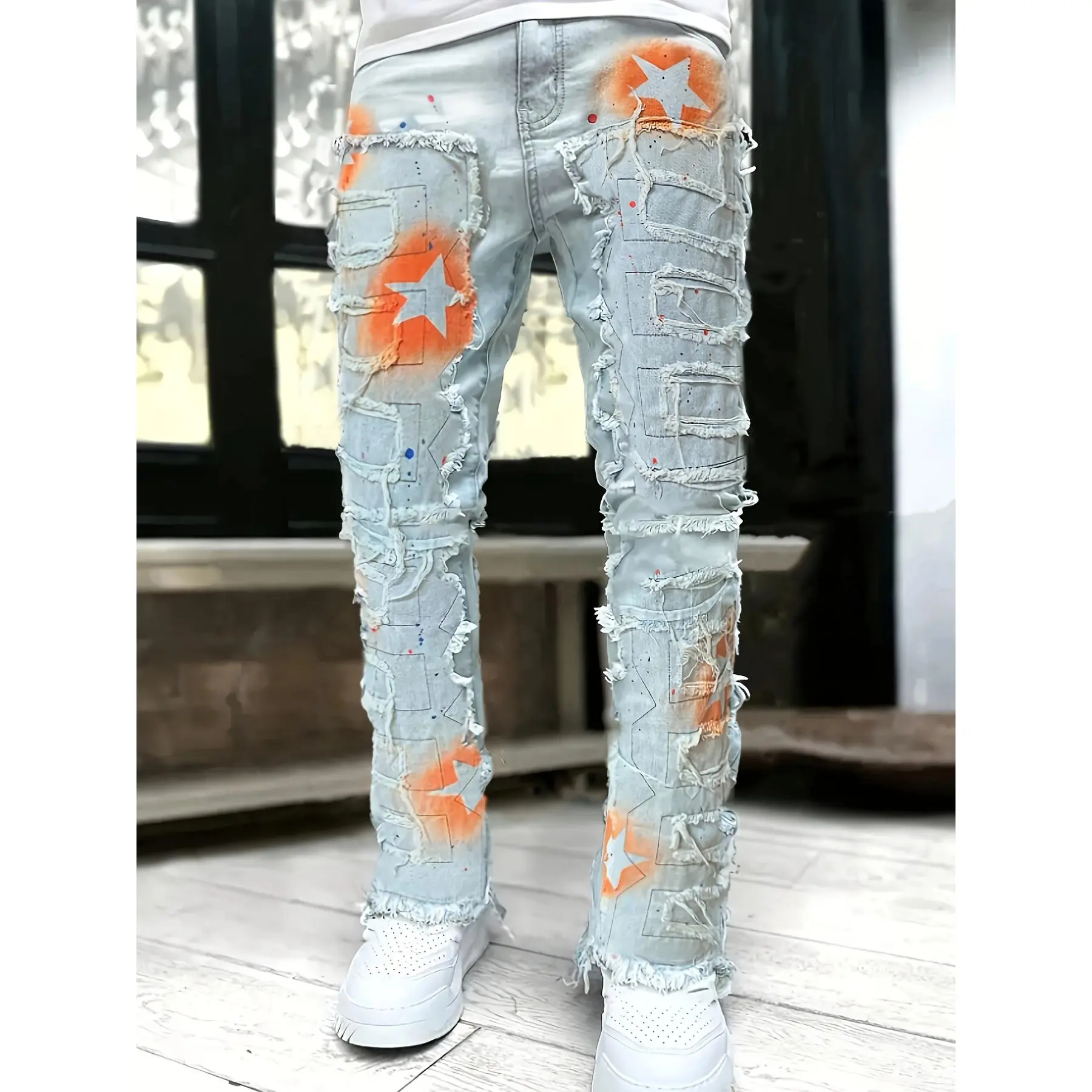 Men's Streetwear Jeans, Distressed Ripped Straight-Leg Denim with Pentagram Patch and Fringe Details, Menswear, Casual Streetwear Distressed, Ripped Holes Jeans, Custom Patched Men's Jeans