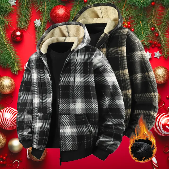 Men's Plaid Jacket Long Sleeve Hooded Fleece Lined Warm Casual Coat for Autumn & Winter Wear Medium Fit Checkered Pattern Stylish Checked