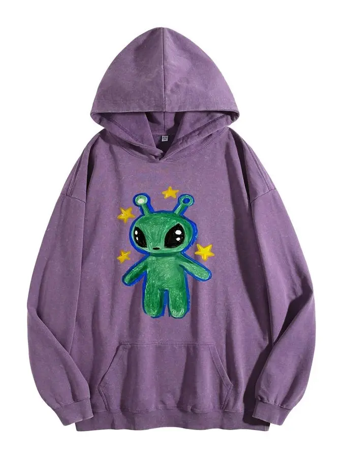 Holafish Women's Green Aliens Print Acid Wash Hoodie Essential Cute For Fitness Enthusiasts Vintage 2026 Sweatshirt Oversized Loose Fit Winter Warm Streetwear Casual Tunic graphic
