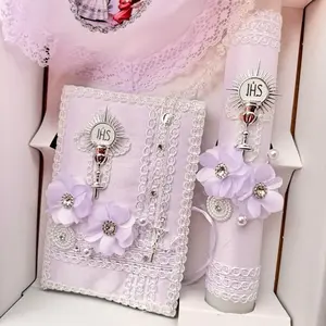 Ivory 4pcs First Communion Candle Set  White ,Candle in Box English/Spanish