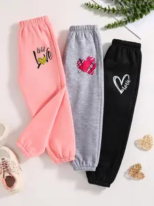Girl's Letter & Heart Print Sweatpants, Casual Comfy Trousers for Fall & Winter, Kids Bottoms for Daily Wear, Graffiti Heart Sweatpants