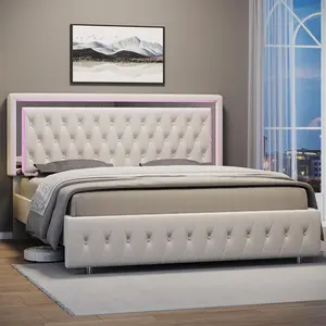[SummerVibes]AMERLIFE LED Bed Frame with Led Lights Adjustable Headboard Velvet Button Tufted/Acrylic Mirror Accents, No Box Spring Needed/Christmas Gift,Best Gift Ideas/Christmas Gifts