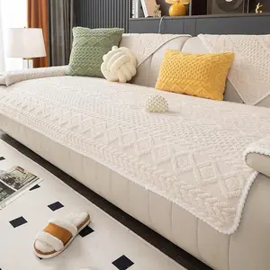 Geometric Jacquard Plush Warm Sofa Couch Cover, Soft Funny Fuzzy Couch Covers, Non Slip Sectional Sofa Slipcover, Cozy Washable Furniture Protector for Kids, Pets