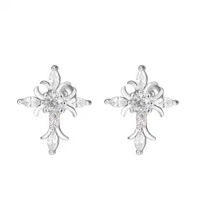 Cuafufu 925 Sterling Silver Cross Earrings for Women – Hypoallergenic AAA Cubic Zirconia Floral Design, Lightweight Screw-Back Studs