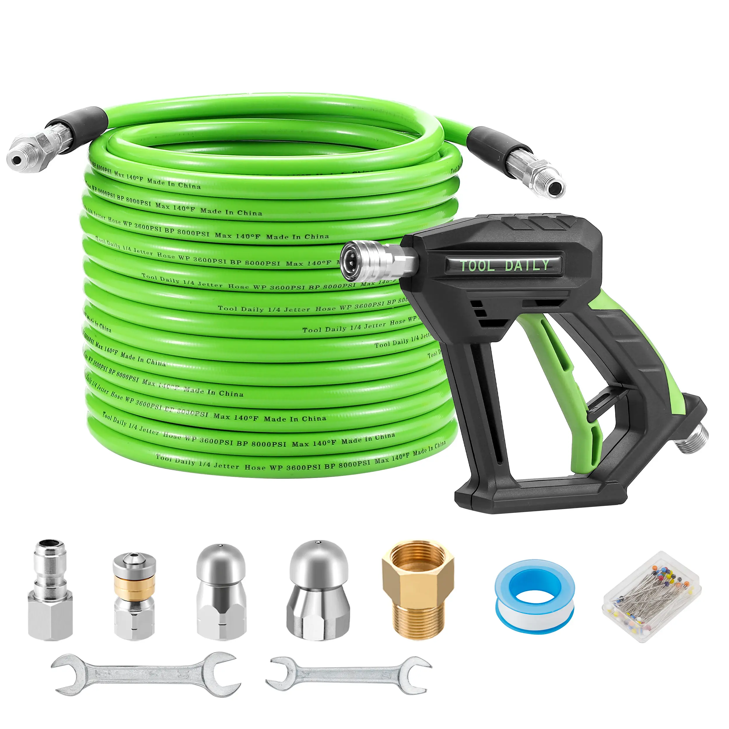 Tool Daily Sewer Jetter Kit for Pressure Washer - 50 FT 1/4 Inch NPT Drain Cleaner Hose, Short Wand, Corner, Rotating, Button Nose Sewer Jet Nozzles, 3600 PSI, Power Washer Nozzle Included, Gutters, 1/4” Npt Female To 1/4” Quick Connect Plug Adapter