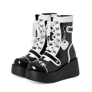 Women's Goth Platform Ankle Boots with Cute Heart Buckles Chunky Block Heels Round Toe Zipper Punk Motorcycle Combat Boots Short Gothic Booties