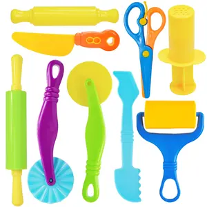 Random Color Playdough Tool Set, 9 Counts/set Play Dough Tools Sets for Kids, Playdough Accessories Includes Cutters Roller, Rolling Pins, Safety Scissors, Plastic Knife Creative Handcraft Kit