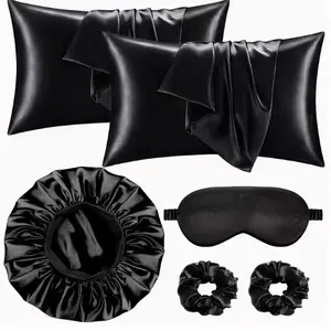 Silk Hair Care Set, 6-Piece Kit (pillowcase + Sleep Cap + Eye Mask + Headband), Sleeping Mask, Anti-Tangle, Smooth, No Heat Styling, Wide Brim Sleep Cap, Women's Bath Hat