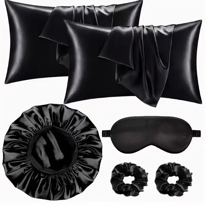 Silk Hair Care Set, 6-Piece Kit (pillowcase + Sleep Cap + Eye Mask + Headband), Sleeping Mask, Anti-Tangle, Smooth, No Heat Styling, Wide Brim Sleep Cap, Women's Bath Hat, Sleep Bundle