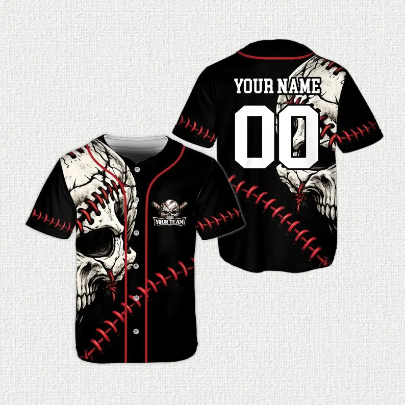 Custom Skeleton Baseball Jersey, Personalized Skull Name Number Jersey, Gothic Halloween Baseball Uniform for Players Teams and Game Day