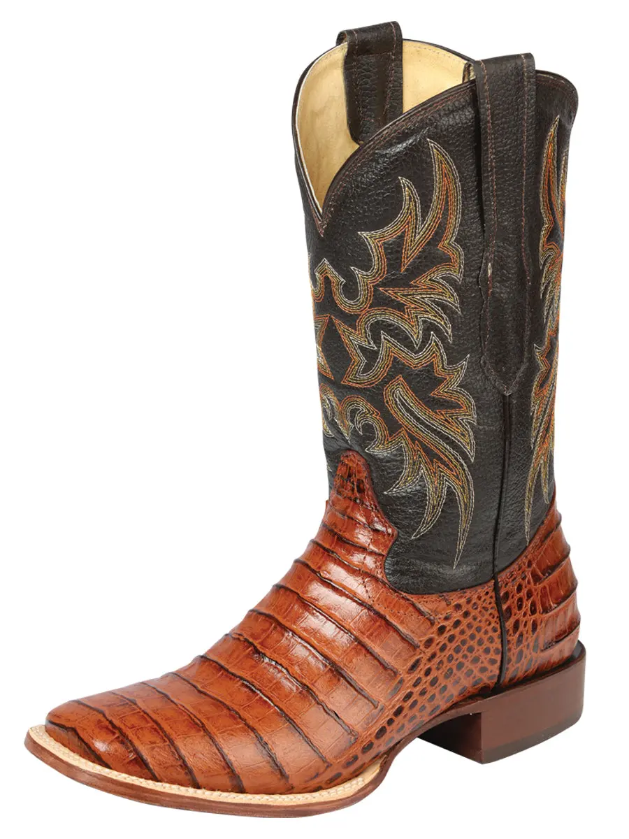 Men's Cognac Leather Cowboy Boots - Handmade, Alligator Print, Unique Print Detail, Comfortable Luxurious Footwear for Rodeo