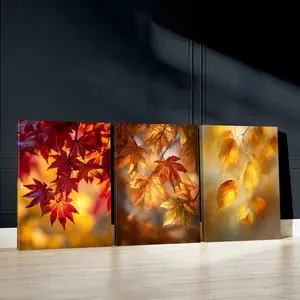 3pcs Autumn Leaves Wall Art, Warm Colors Poster, Nature Photography Art Prints, Fall Season Home Decor, Autumn Wall Paintings, Modern Canvas Posters Wall Arts, Decor For Living Room, Restaurant, Kitchen, Bedroom, Gift, With Frame